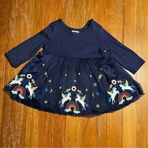 Hanna Andersson Dress Tulle Unicorn 0-3 Months Navy Blue Long Sleeve